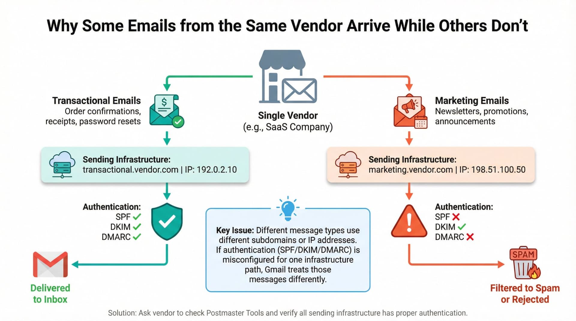Diagram showing why the same vendor successfully delivers some emails but not others due to different sending infrastructure