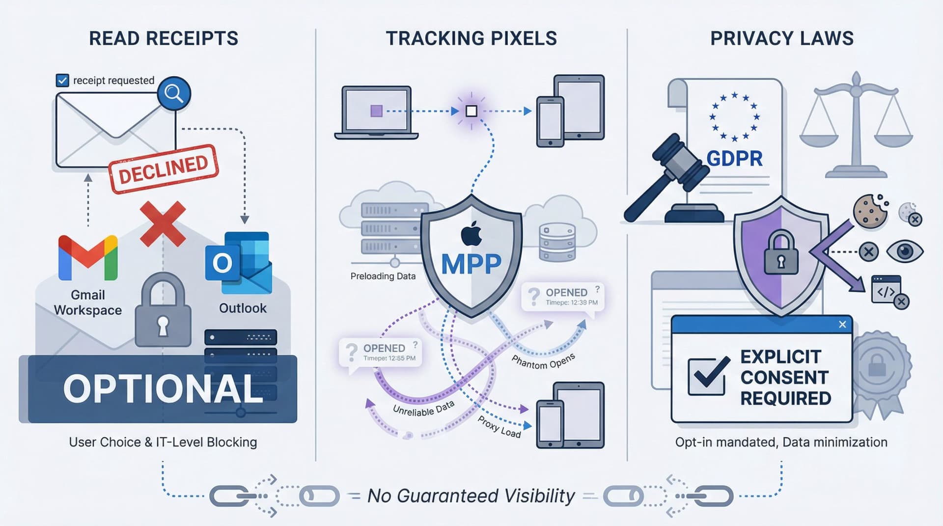 Three barriers blocking email tracking: optional read receipts, unreliable pixel tracking, and tightening privacy laws in 2025