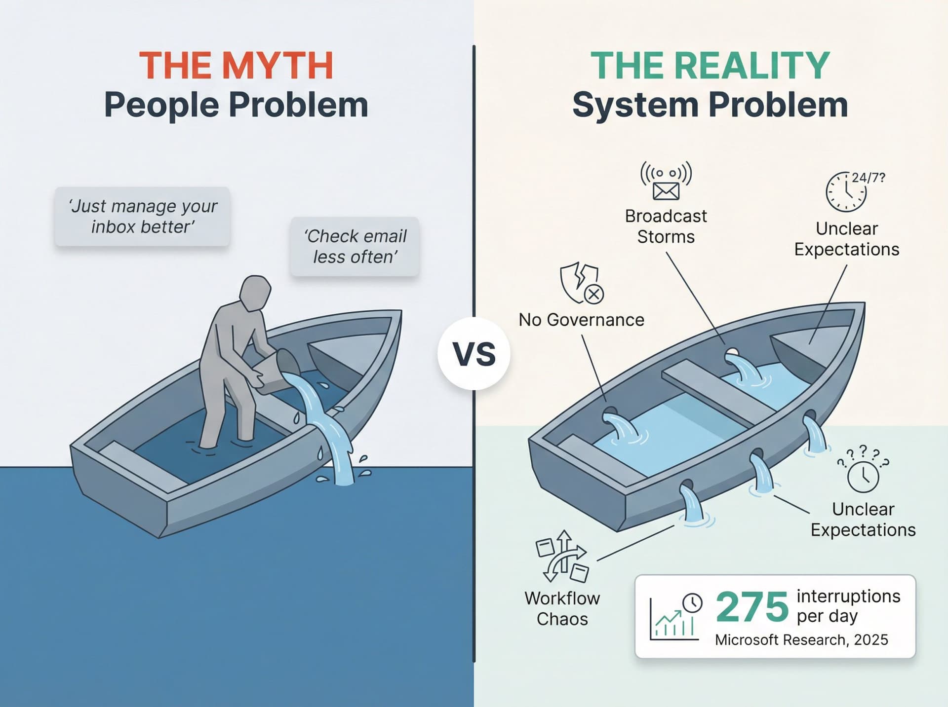 Split diagram comparing the myth of email overload as a people problem versus the reality of systemic workflow failures