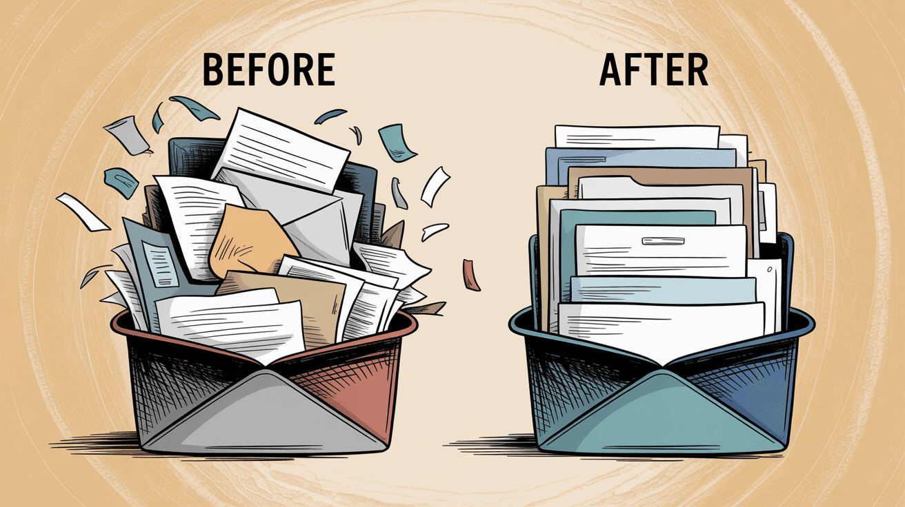 Hand-drawn illustration showing inbox transformation from cluttered before state to clean after state